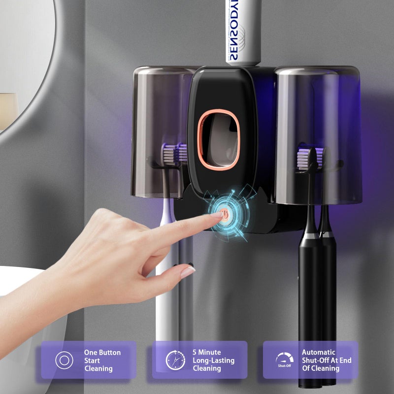 Wekity Toothbrush Holders for Bathrooms  Wekity Automatic Toothpaste Dispenser Space Saving Toothbrush and Toothpaste Holder Toothbrush Holder Wall Mounted with 2 Cups for Bathroom (Black) - Image 3